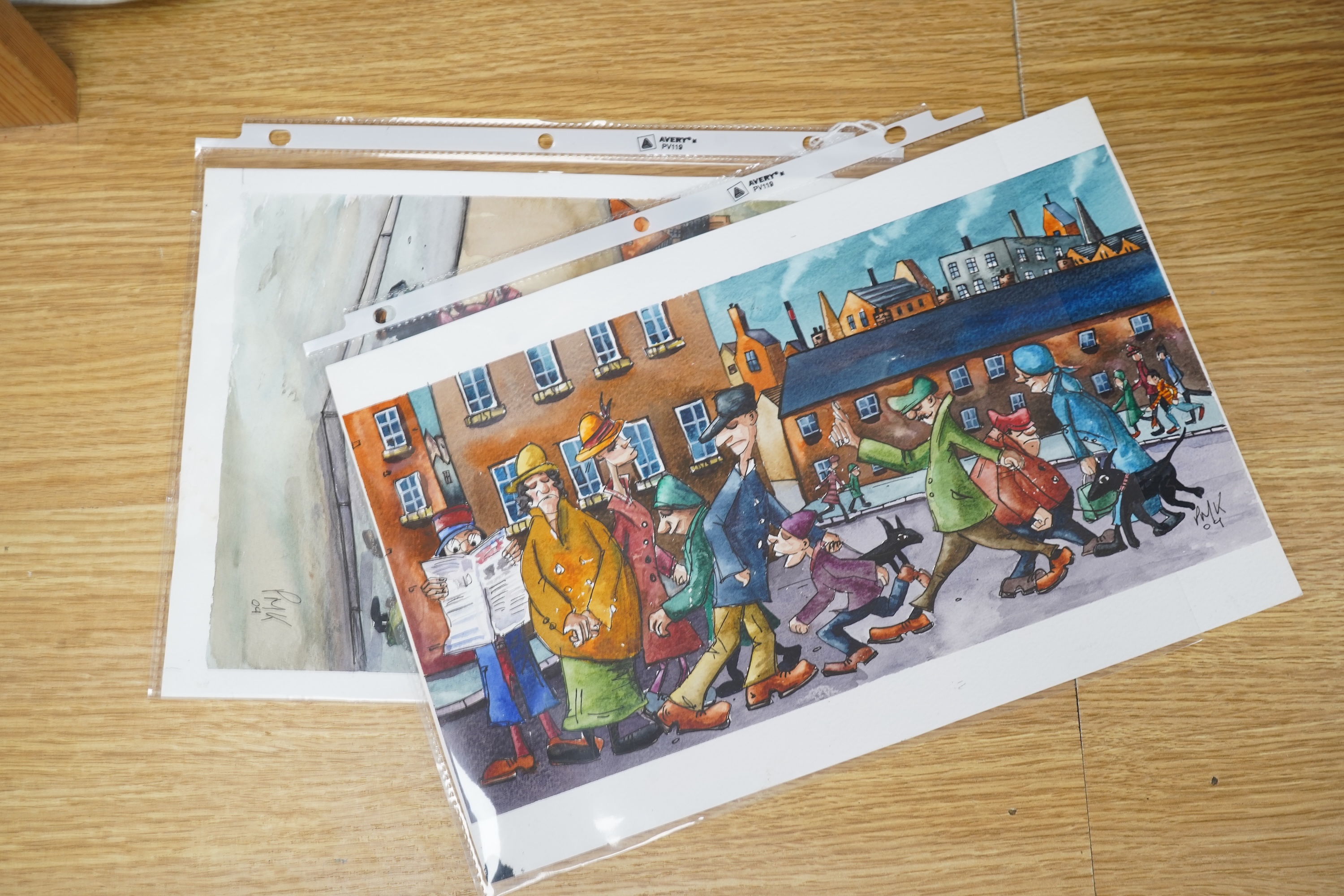 Paul M. Kiernan (contemporary), ‘Rush Hour’ and ‘Original Lowry Style’, initialled and dated ‘09, inscribed verso, two Modern British watercolour cartoons, unframed, 21 x 32cm